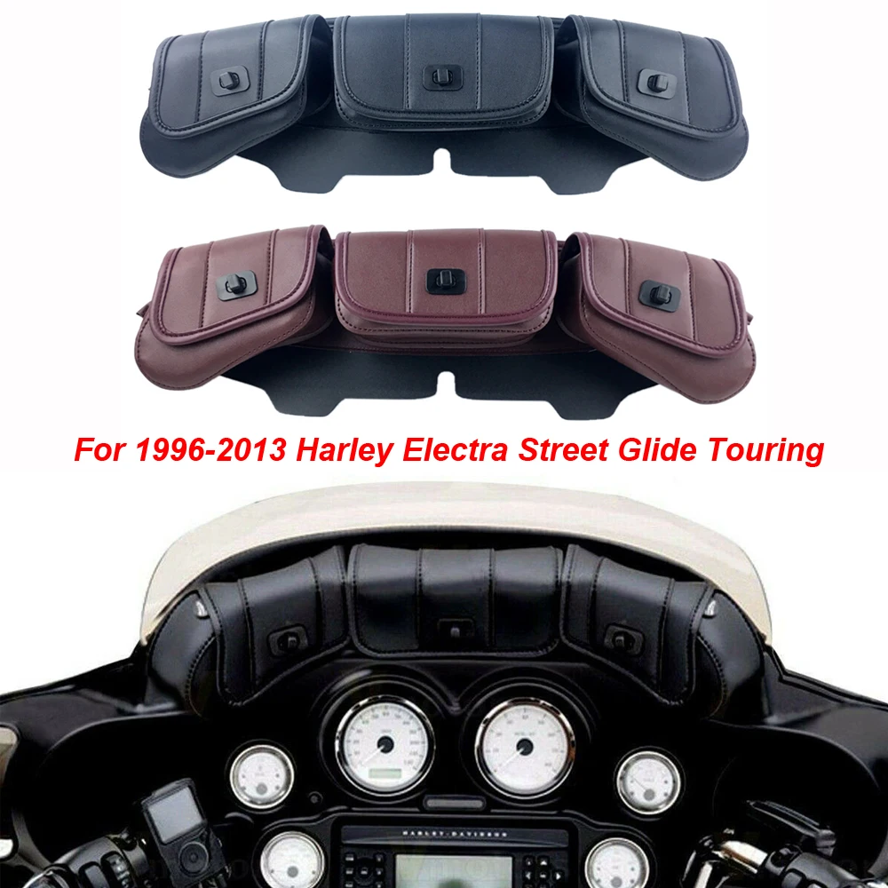 KaTur Motorcycle Windshield Bag Pouch PU Leather with Magnetic Closures for Harley Touring Street Glide Electra Glide Windshield Bags 1996-2013 