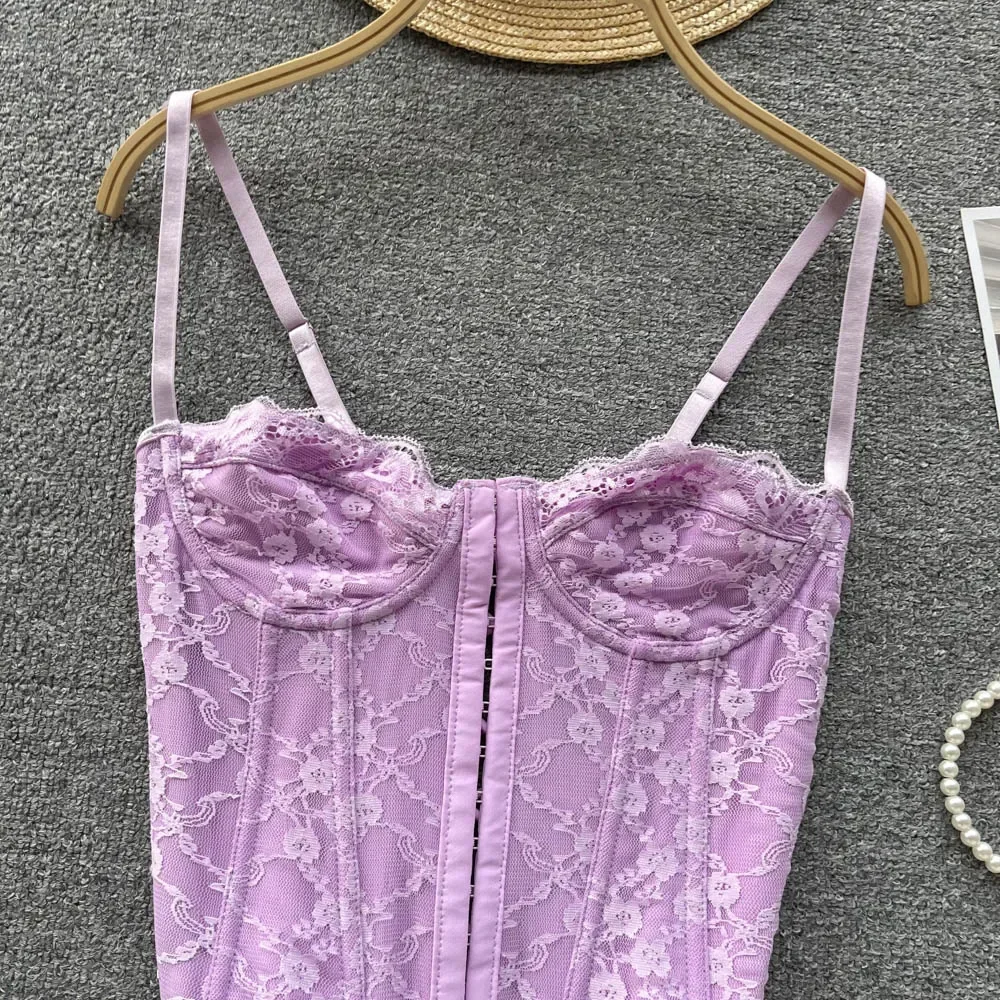 Frau Skinny Rückenfreies Leibchen Mehrfarbige Stickerei Tank Tops Spicy Girls Spitze Spaghettiträger Top Fishbone Tanks – Detail 6