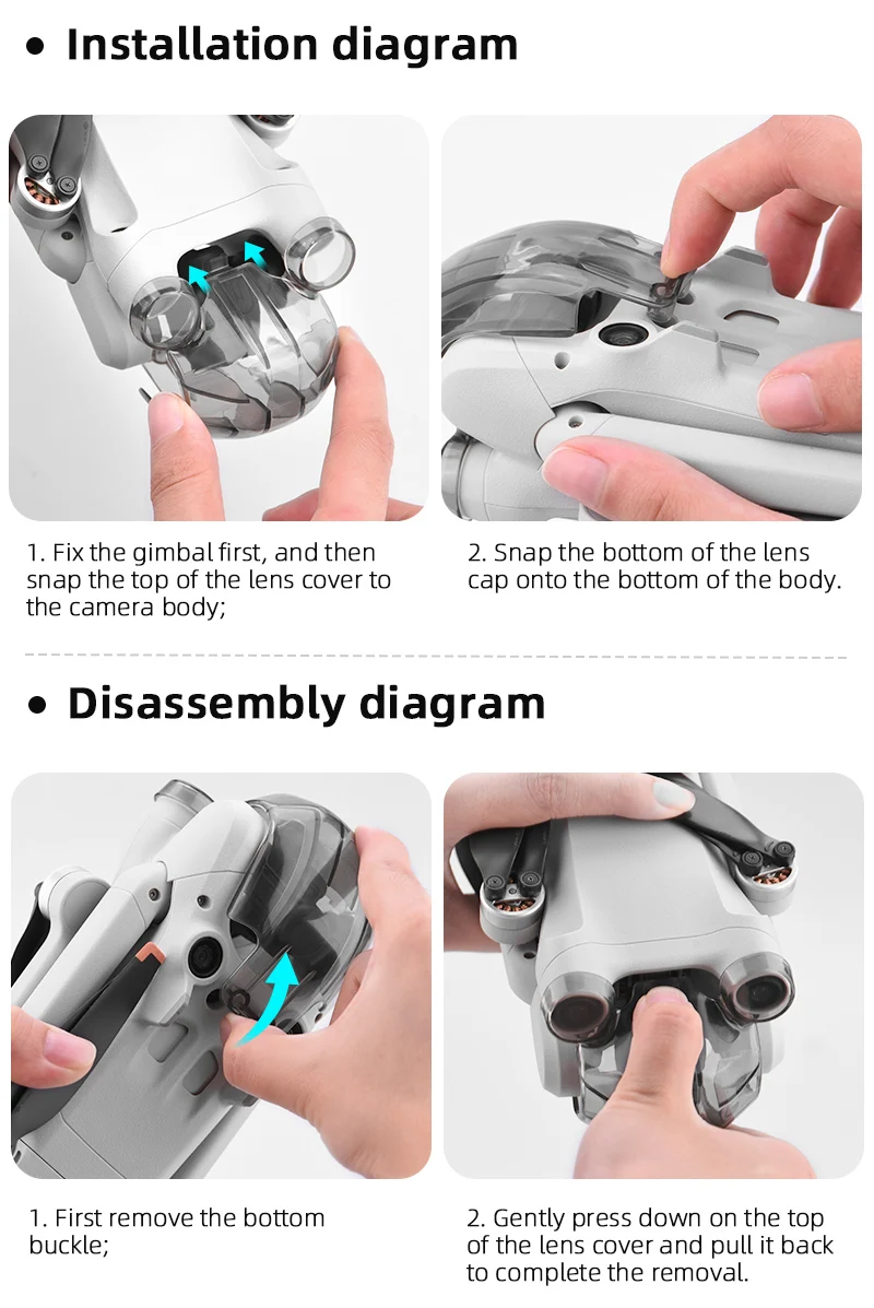 Propeller Stabilizer Holder for DJI Mini 3 PRO, disassembly diagram 1. Fix the gimbal first, and then 2.