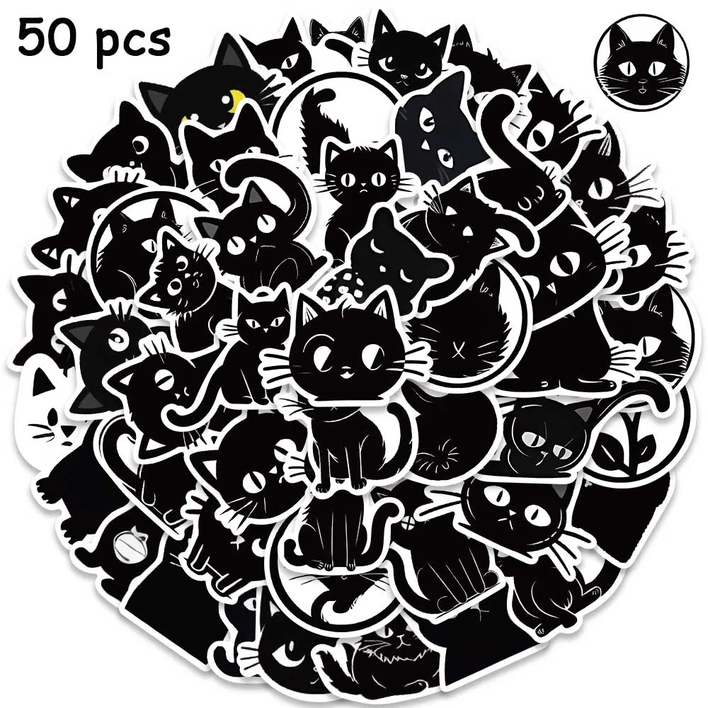 

50pcs Black Cat Stickers Cute Cartoon Animals Decals For Kids Laptop Suitcase Diary Guitar Notebook Water Bottle Sticker