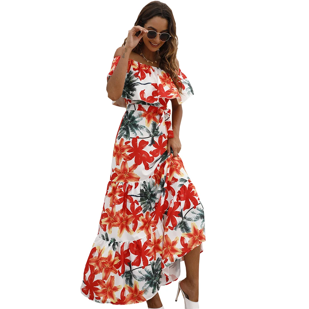 

Summer Long Dress Print Flower Casual Dresses Slash Neck Print Ruffles New 2022 Ankle Long Sundress Vacation Clothes For Women
