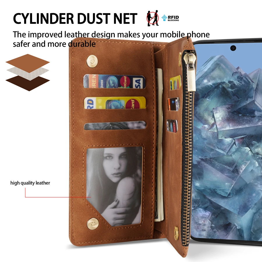 Brieftasche Multi-karte Zipper Ständer Foto Rahmen Magnetische Flip Ledertasche Für Google Pixel 8a 8 Pro 7a 7 6a 6 Schutzhülle – Detail 20
