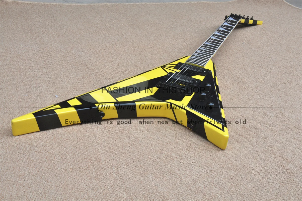 Black-yellow electric guitar, V-shaped guitar, tremolo bridge