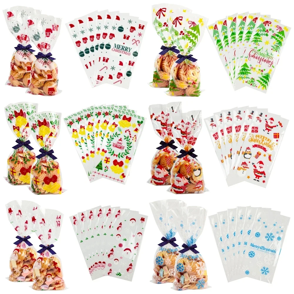 Christmas Gift Bags 50pcs Christmas Transparent Plastic Gift Bag Candy Biscuit Cookie Snacks Baking Bag New Year Merry Christmas Party Decoration