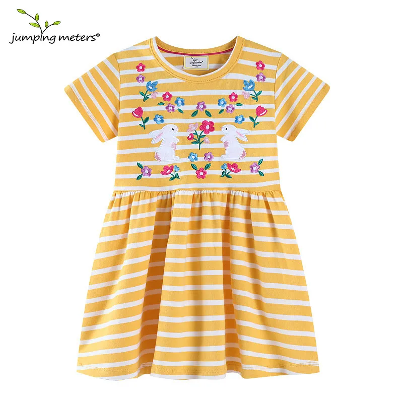 Girls Dress Kids Clothes Jumping Meters Bunny Embroidery Children's Dresses Striped Kids Party Dresses Frocks