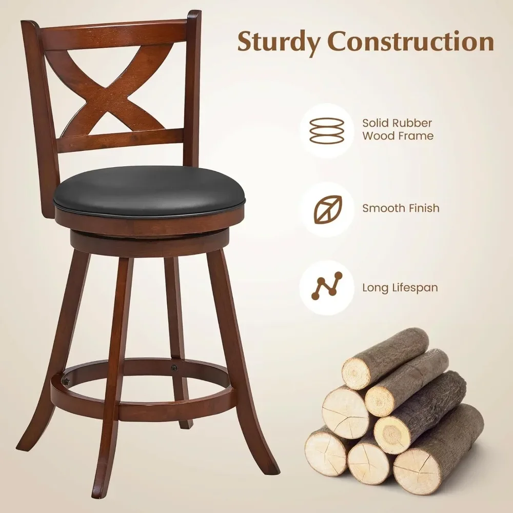 Bar Stools, Classic Counter Height Chairs with X-Shaped Open Back, Swivel Barstool Set for Kitchen Island, Pub, Bistro