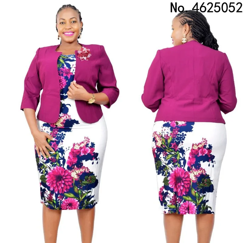 Afrikaanse Kleding O-hals Intellectuele Vrouwen Jurk Jas Set Tweedelige Set Effen Kleur Blazer Bloemenprint Jurk Outwear