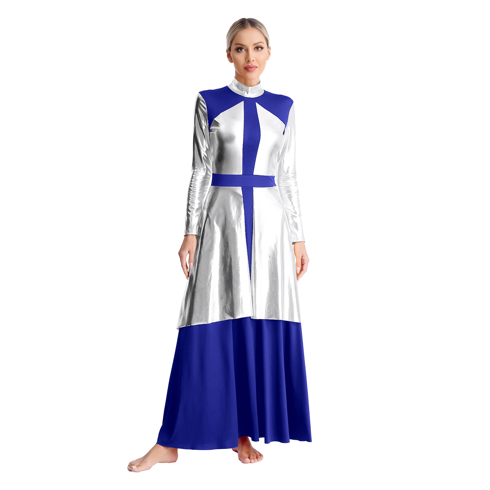 

Womens Liturgical Dress Choir Worship Dance Performance Costume Metallic Contrast Color Long Sleeve Maxi Dress Lyrical Dancewear