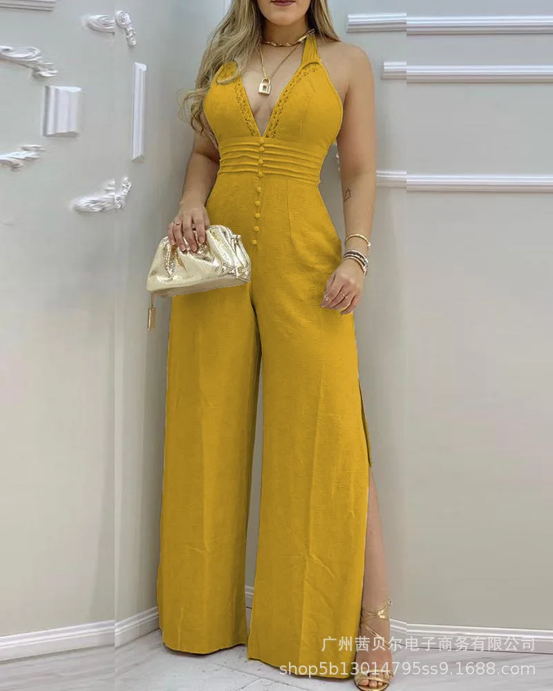 Elegant Women Beige Lace Stitched Halter Jumpsuit 2022 Summer Fashion New Sexy Deep V Neck High Waist Split Jumpsuits