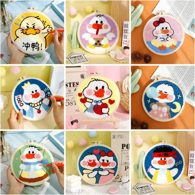 

GATYZTORY 20x20cm Frame Embroidery Starter Kit With Punch Needle Duck Diy Cute Animal Craft Tool Set Ffor Kids Gift Wall Decor