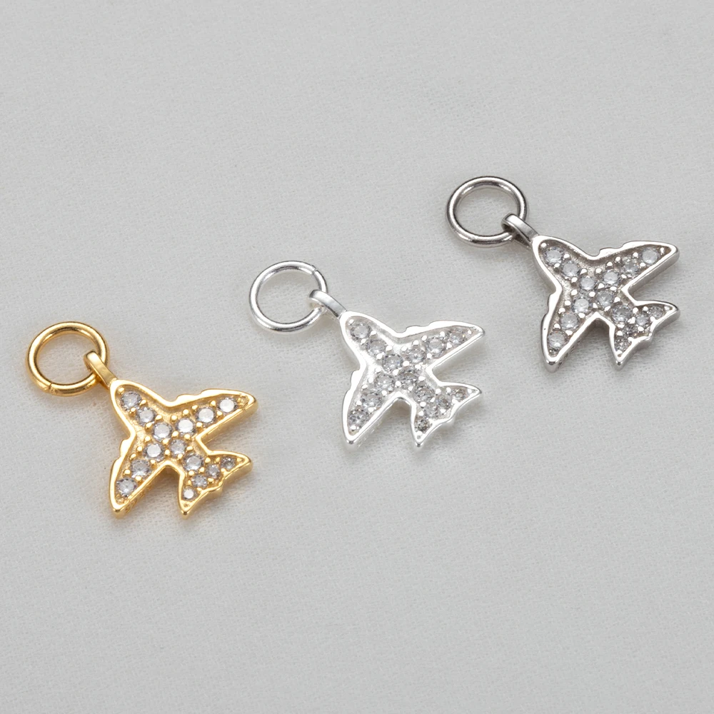 

New Zircon Airplane Shape Pendant S925 Sterling Silver 11mm Cool Charm Fit DIY Dangle Earring Necklace Keychain Jewelry Findings