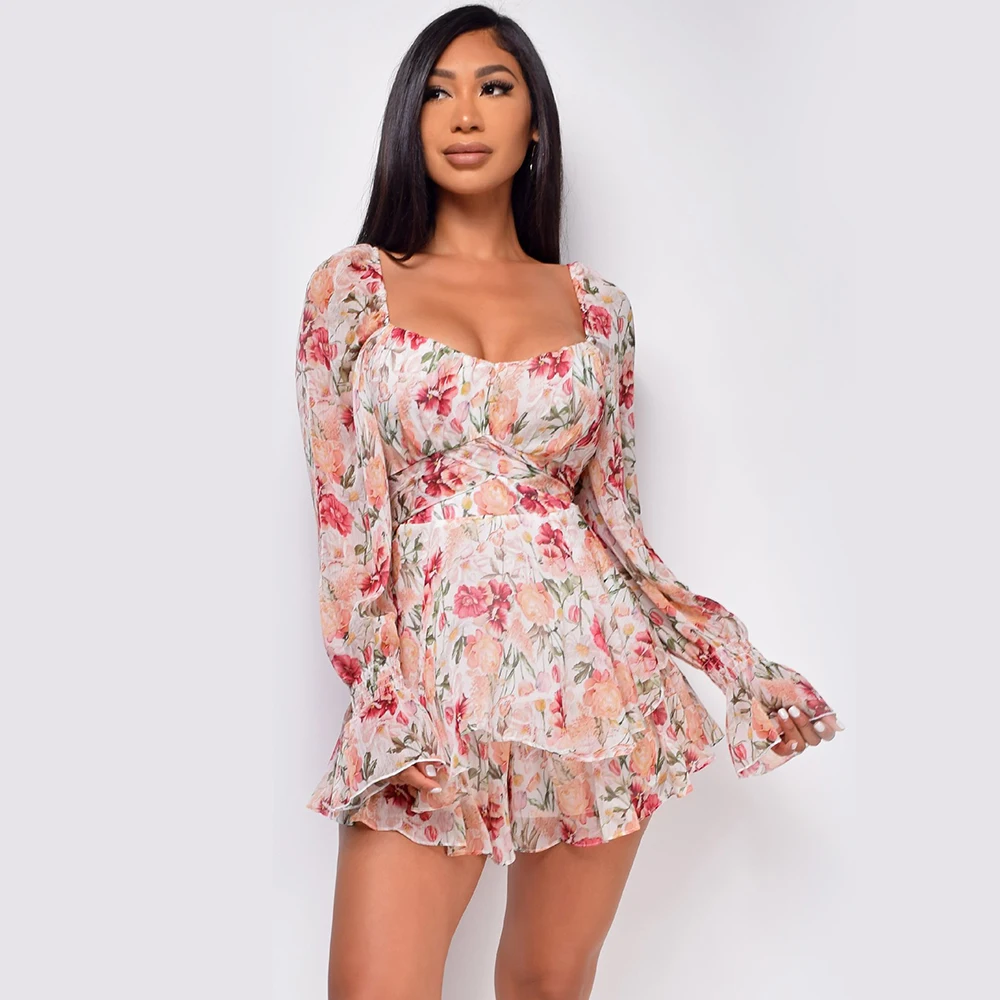 New floral sexy backless jumpsuit Fashionable square neck long sleeved Ruffle edge summer women clothing Elegant printing style