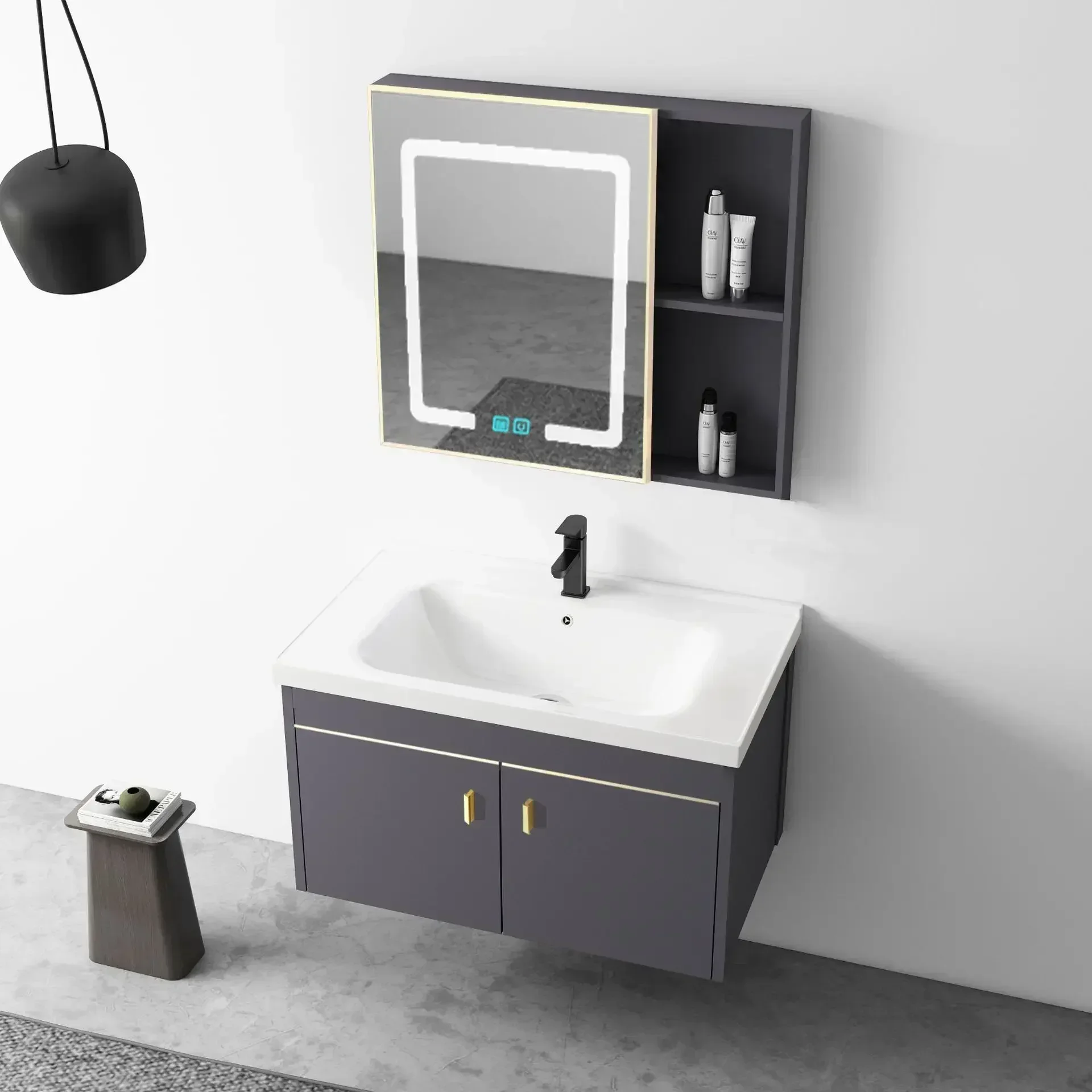 closet with modern vanity, washbasin accessories, makeup furniture organizer, wall-mounted items, luxury top washbasin