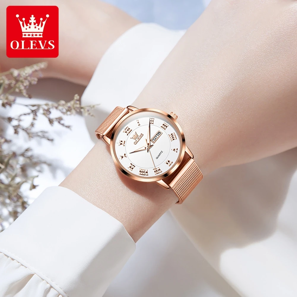 Fashion Ladies Watches Roman Dial 30M Water Resistance Calendar Milanese Steel Band Luxury Brand Quartz Wrist Watch for Women