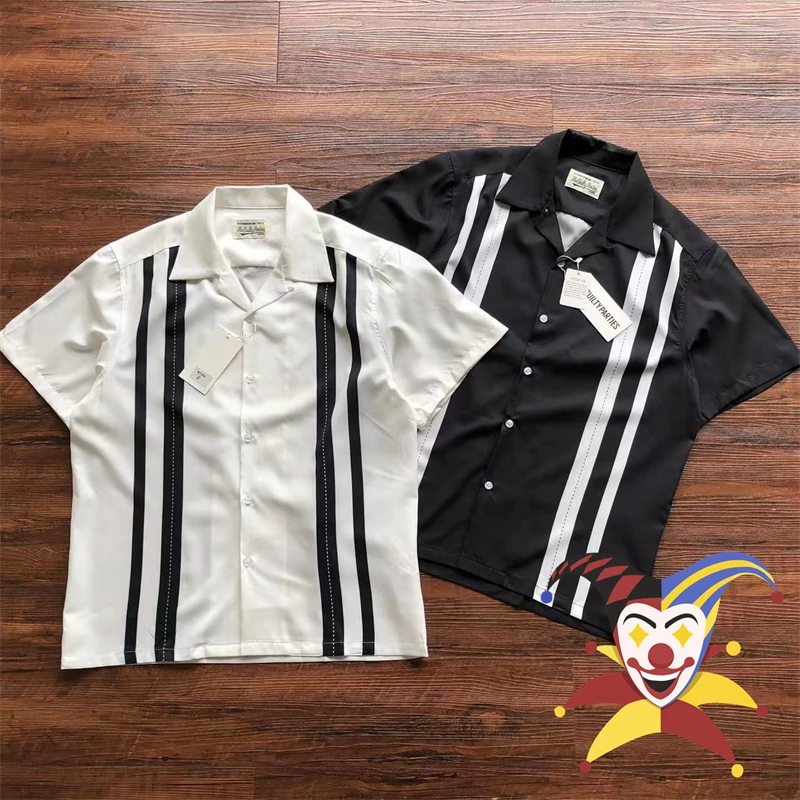 

2023ss WACKO MARIA Shirts Men Women Lapel Pocket Hawaii Beach Short Sleeve White Stripe Streetwear Top