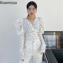 

Koamissa Chic Women Blouses 2022 Spring Puff Long Sleeve Solid White Shirts Elegant Cross V Neck Slim Blusas Tops Woman Clothes