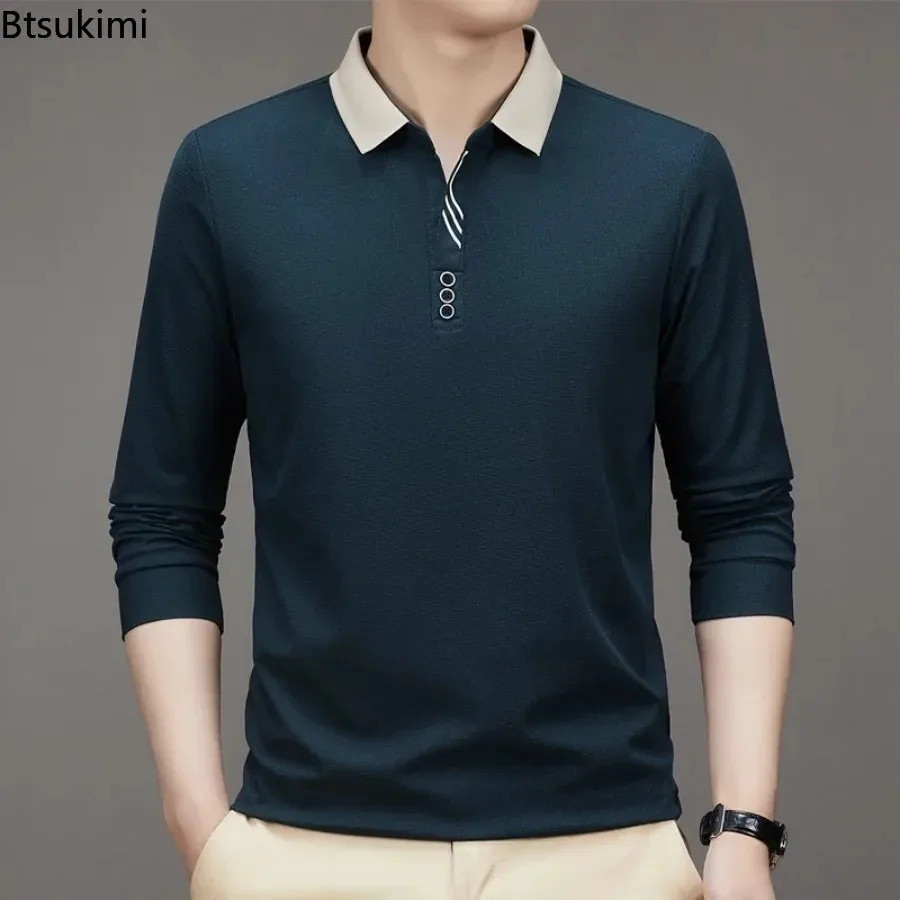 Polo a manica lunga da uomo 2026, T-shirt casual elegante con risvolto per primavera autunno, Maglie basiche di alta qualità, Top versatili da uomo - immagine 2