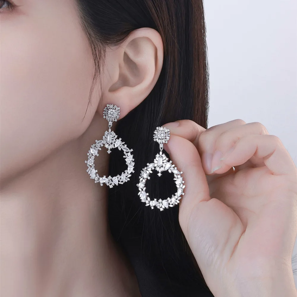 Real S925 Silver Flower Cluster Earrings Women's Hollow Round Earrings Female 5A Zircon Original Design Luxury Jewelry Girl Gift