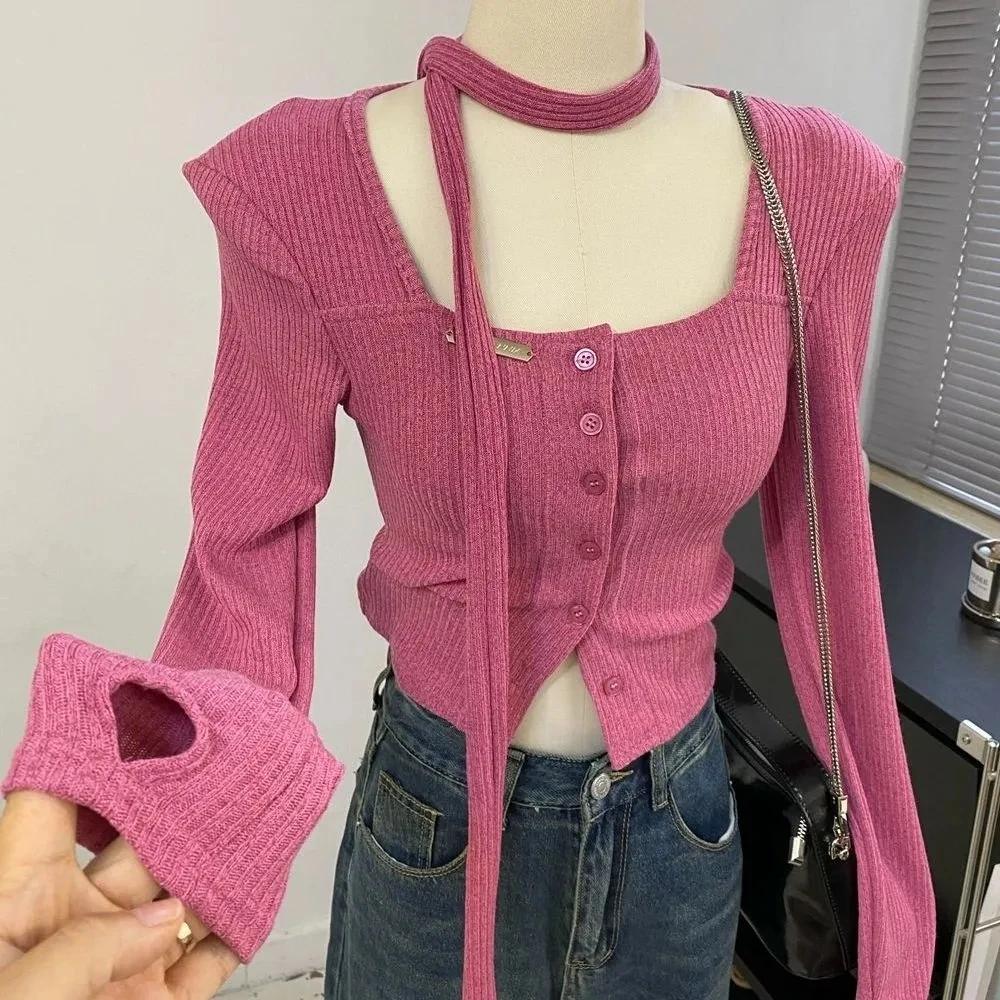 여성용 스퀘어 칼라 쇄골 어깨 패드 스웨터, 슬림 스키니 긴팔 가디건, 가을 스파이스 걸스 짧은 상의, 겨울
