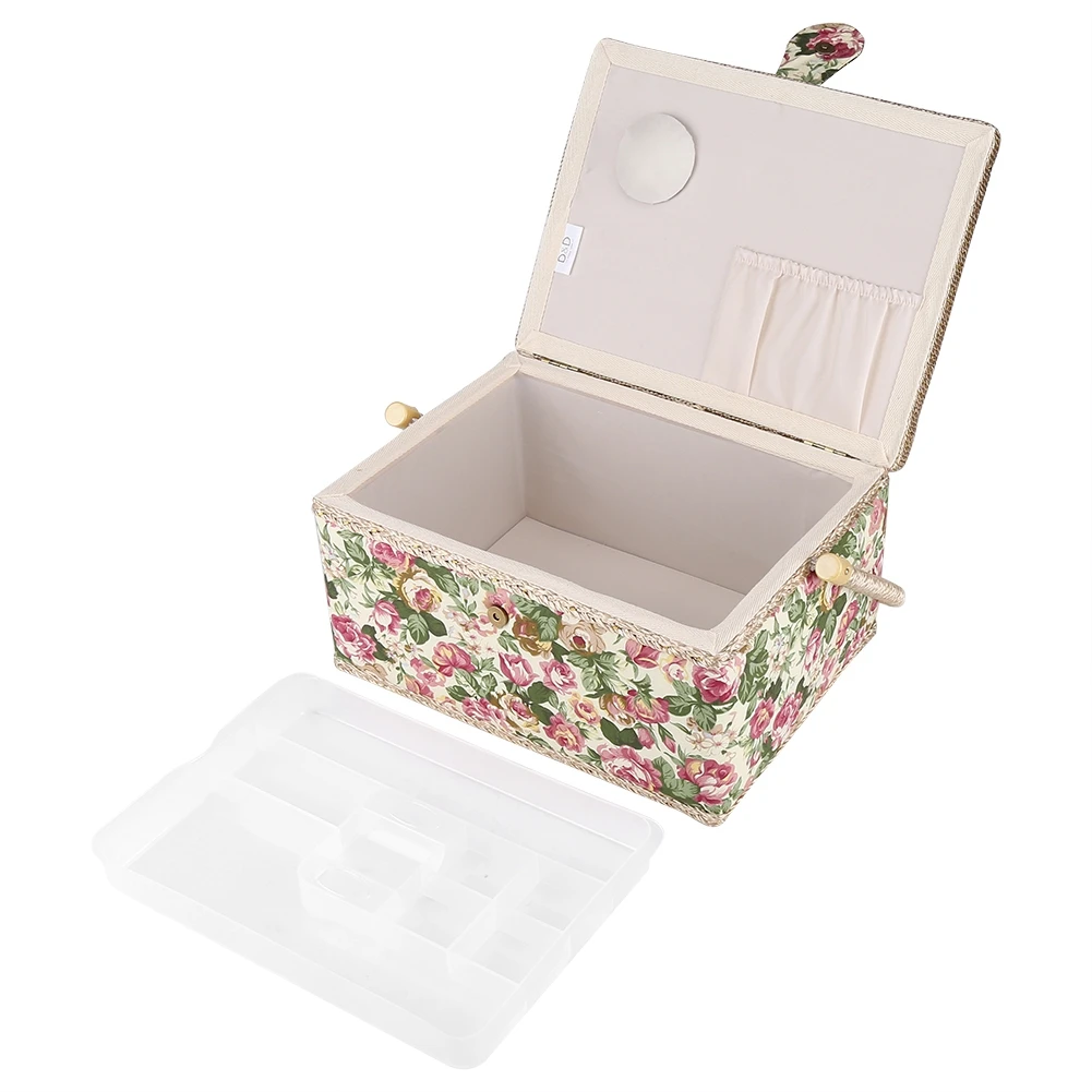 Fabric Floral Printed Sewing Basket Craft Box Household Sundry Storage Organizer with Handle 12x9.1x6.1inch