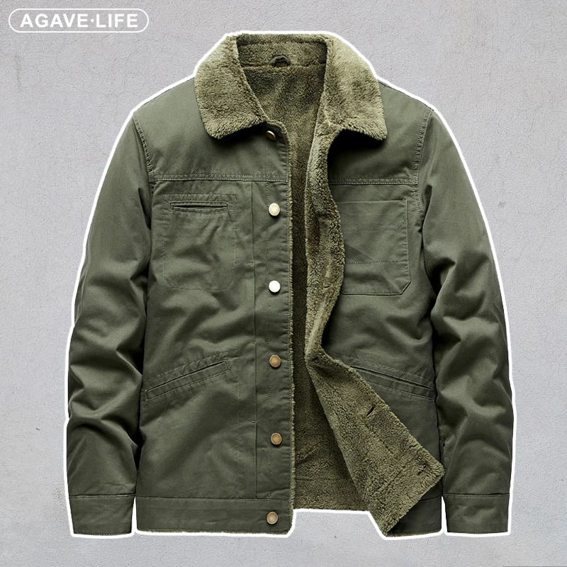 

Male Trendy Jacket Winter Men Jackets 100%cotton Coat Fleece-lined Thickened Warm Men's Outerwear Casual Khaki Green Lamb Parka