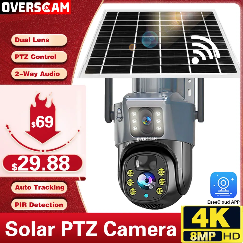Overscam Solar Dual Lens Camera Outdoor 4K Wifi Monitoraggio Umanoide Sorveglianza 8Mp Ptz Color Night Vision Security Ip Monitoring