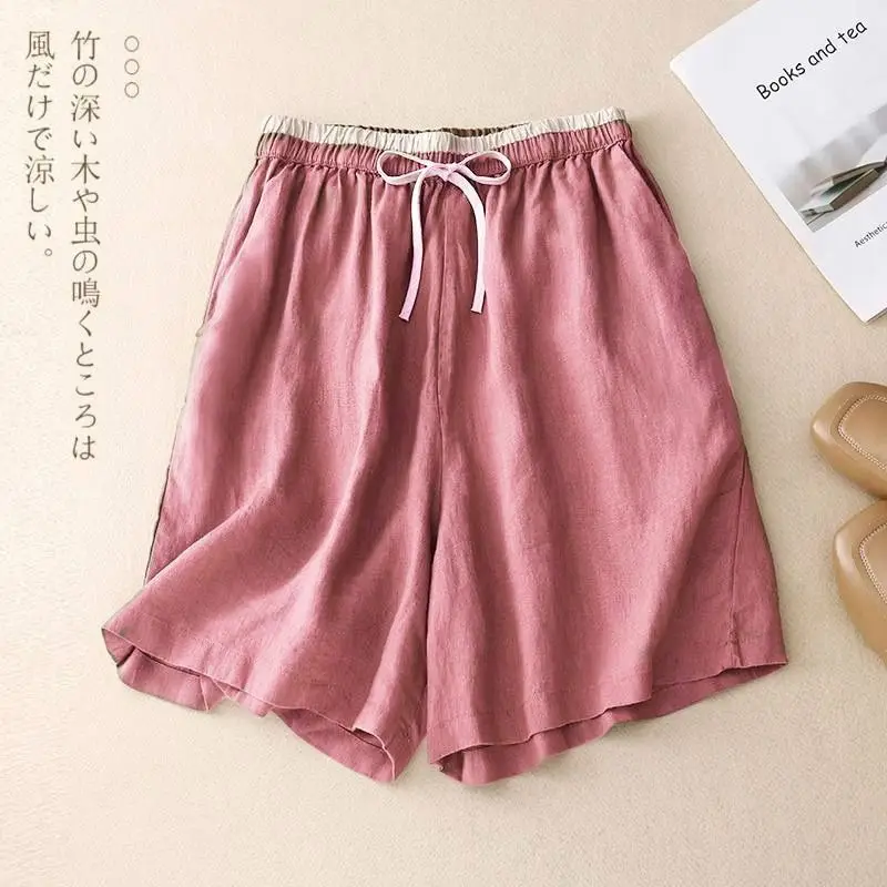 Summer Cotton Linen Elasticized High-waisted Patchwork Pockets Fashion Solid Color Loose Women's 2024 All-match Casual Shorts