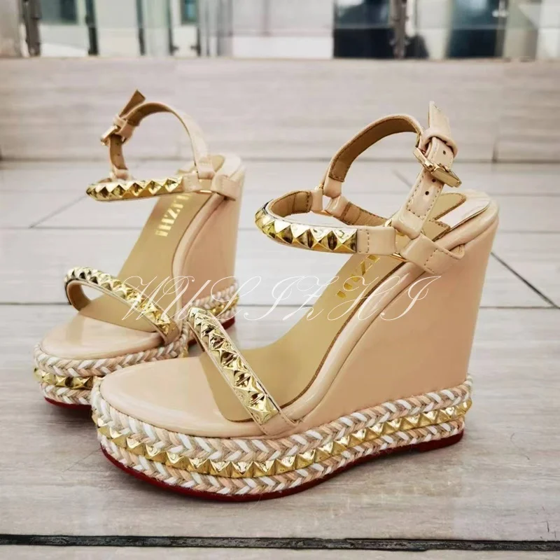 Platform Gold Stud Bead Wedge Leather String Bead Sandals Women Open Round Toe Slingback Buckle Heel Glossy Bordered Casual Shoe