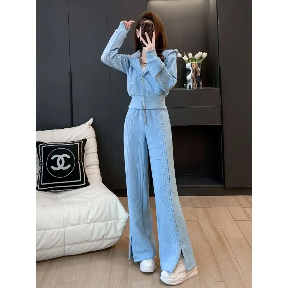 

2023 Autumn New Women's Casual Sports Suit Stand Collar Zippered Sweater Coat Wide Leg Pants Two Piece Set Oversized 3XL