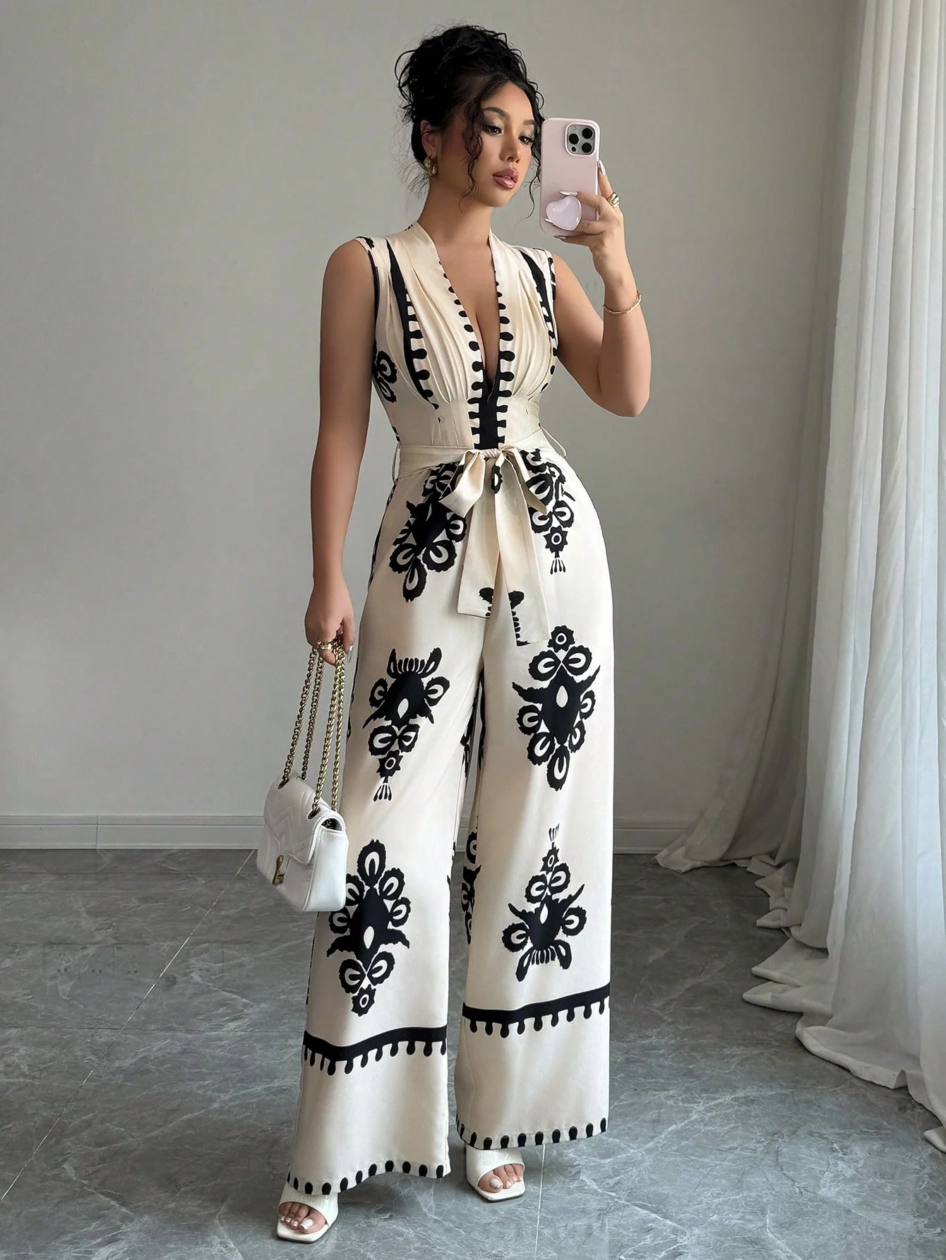 Women's fashion lace up printed V-neck wide leg jumpsuit 1