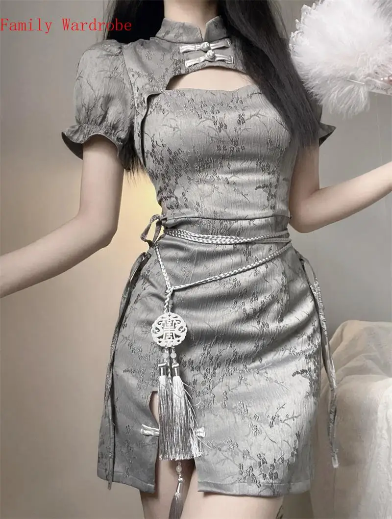 

2022 New Hollow Out Qipao Improved Chinese Dress Women Sexy Split Cheongsams Mandarin Collar Summer Wear Print Floral Vestidos