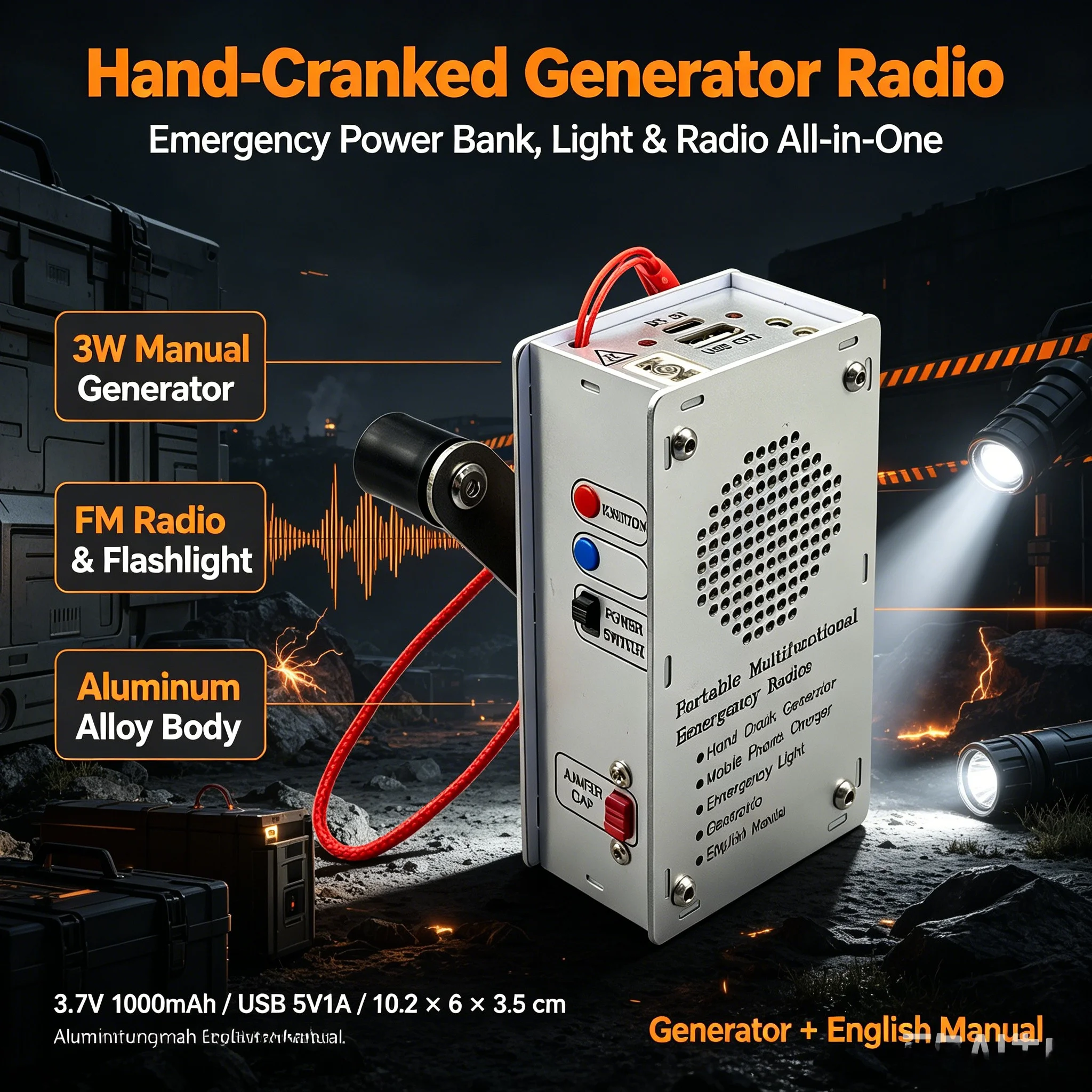 Generador de manivela con radio, mechero, power bank, linterna, etc