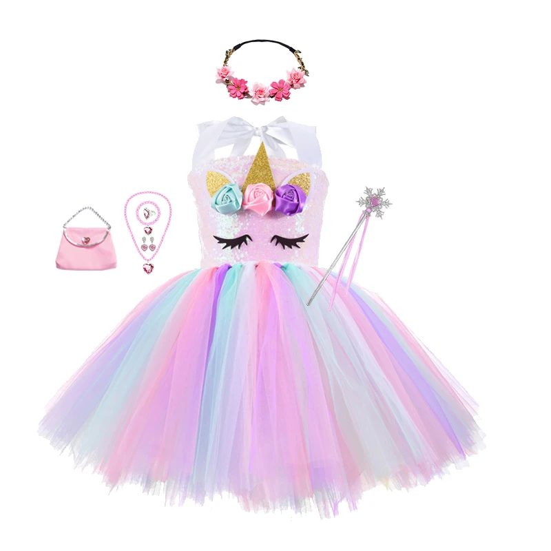 girls dress unicorn tutu outfit pastel flower baby birthday party tulle kids halloween cosplay costume