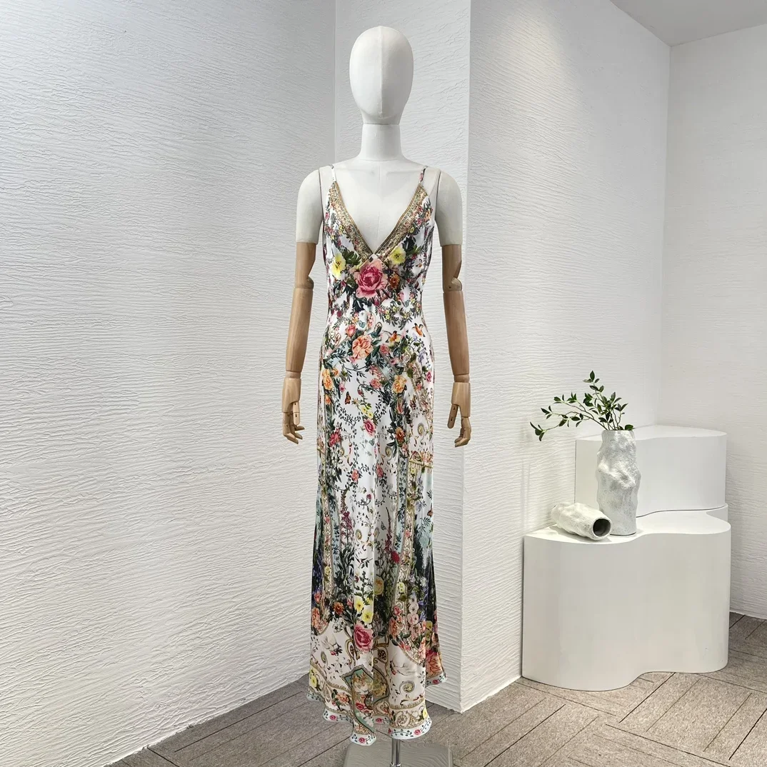 

Женское винтажное шелковое платье средней длины, Элегантное Шелковое Платье без рукавов с цветочным принтом со стразами в стиле ретро, 2024