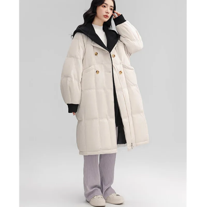 Long White Down Jacket Women's Winter Double Breasted Loose Over Knee Coat Down Jacket Detachable Knit Cap