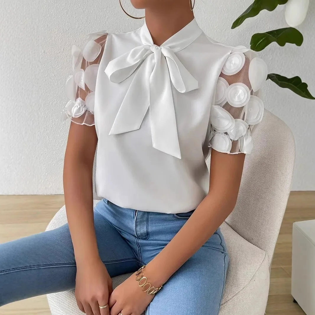 Summer Short Sleeve Blouses For Women 2025 Fashion Loose Bow O-neck White Tops Casual Ladies Shirts Elegant