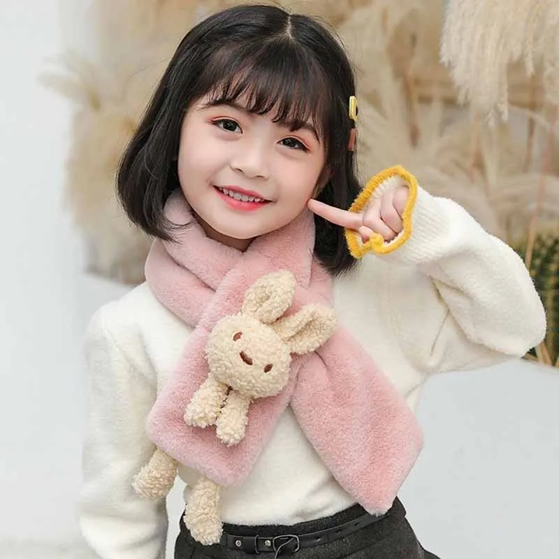 

Korean Boys Girls Winter Cross Warm Baby Neck Protection Children's Shawl Cute Cartoon Rabbit Faux Fur Thick Plush Scarf V46