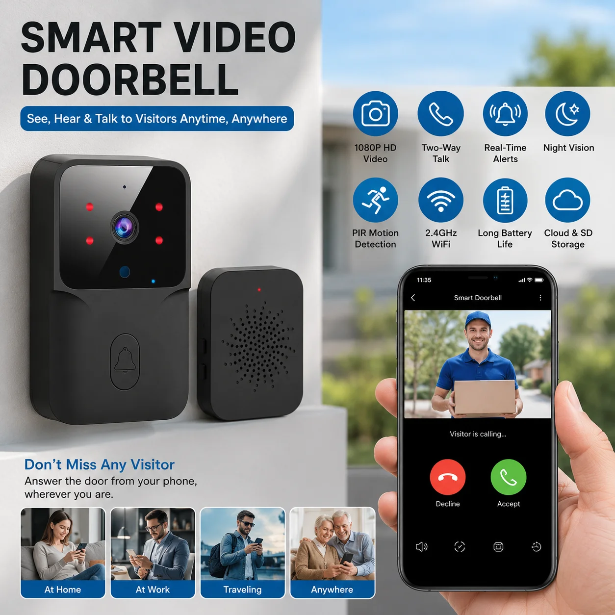 Campanello Video Wireless con Telecamera, Citofono WiFi con Comunicazione Bidirezionale e Visione Notturna IR, Monitor di Sorveglianza per Casa Intelligente