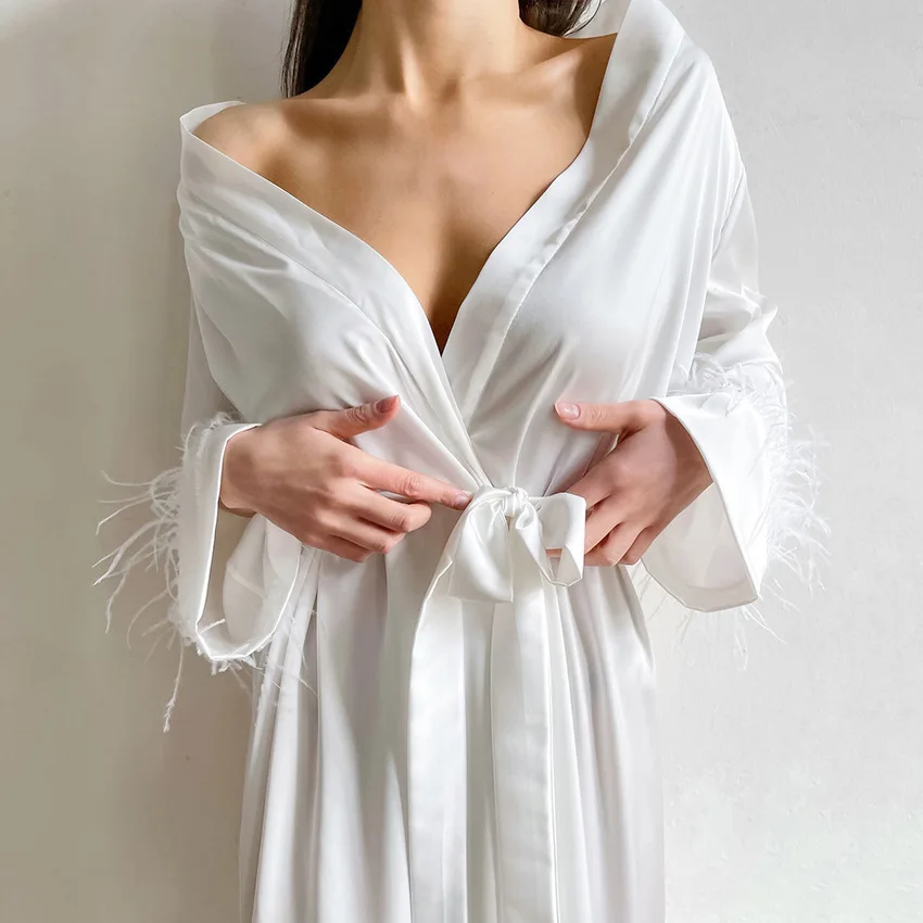 

COZOK Feather Sexy Satin Silk Lace Long Sleeves Robes Women's Nightgown White Gown Elegant Bathrobe Female Bride Dresses Winter
