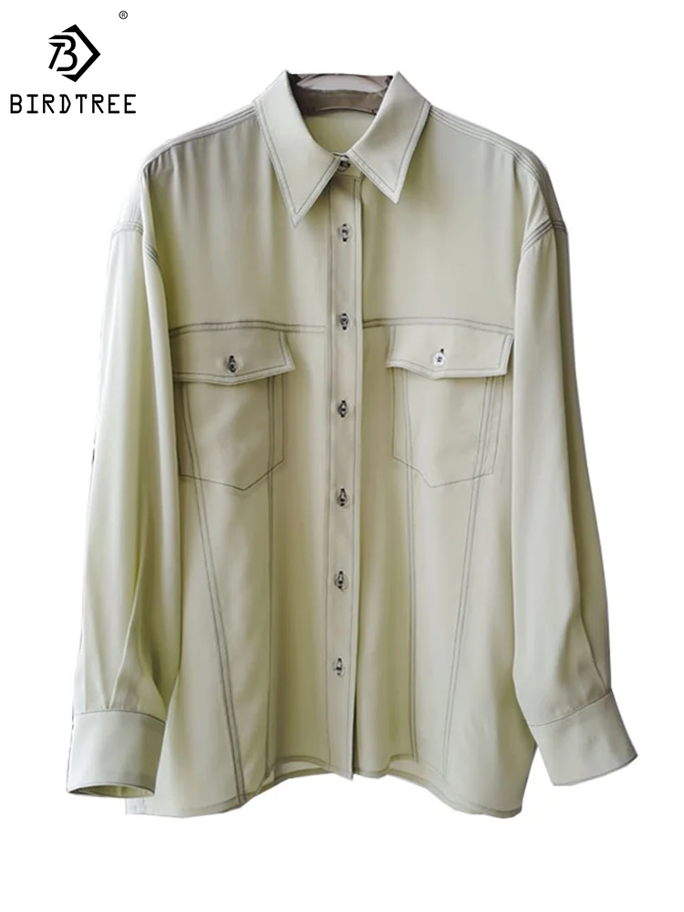 

Birdtree 16 мм 100% натуральный шелк элегантная женская рубашка с песочным эффектом Ретро повседневные свободные блузки для причастия офисные женские 2024 Весна T41124QM