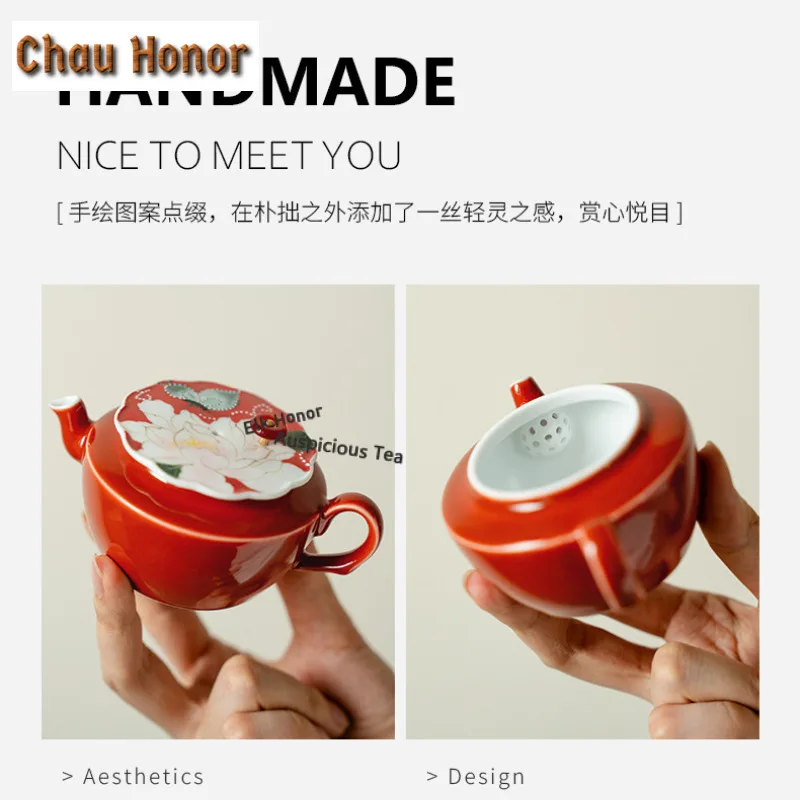 120ml Hand-painted Butterfly Peony Red Teapot Zen Tea Infuser Pot Household Tea Maker Kettle With Ball Hole Teaset Supplies Gift