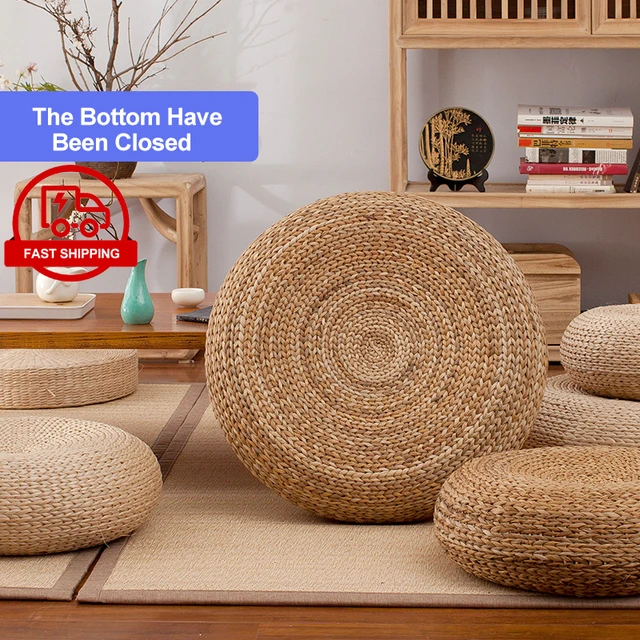Woven Straw Cushion Square Tatami Cushion Mat, Handcrafted Japanese Style Straw Flat Straw Seat Cushion Floor Pillow for Yoga Tea Ceremony
