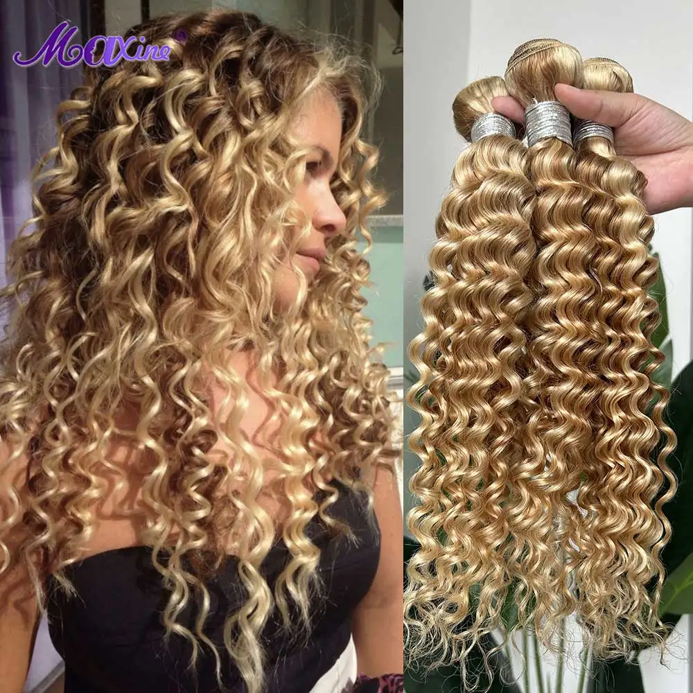 Maxine P27/613 Deep Wave Bundles Human Hair Remy Curly Highlight Blonde Bundles Deep Wave Colored Human Hair Weaving Bundles