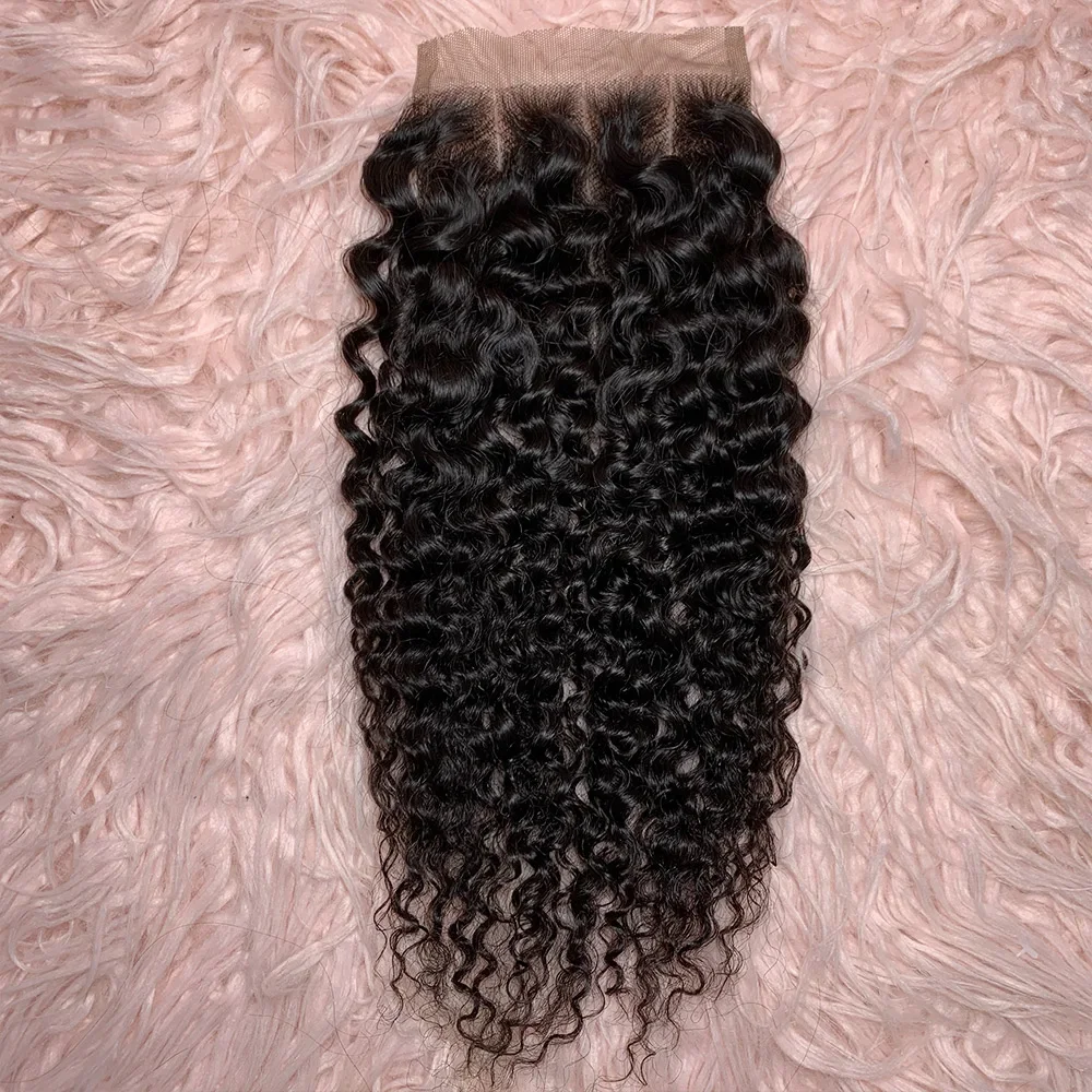 Human Hair Lace Closure 4x4 Lace Front Closure 100% Hand Tied Nature Remy Pixie Curl Transparent Only Three Parts