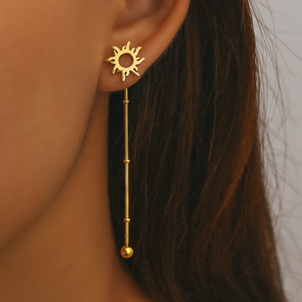 stud earrings long earrings Stainless Steel Classic Sun Totem Long Snake Beads Chain Stud Earrings For Women Jewelry Fashion Popular Friend Gifts