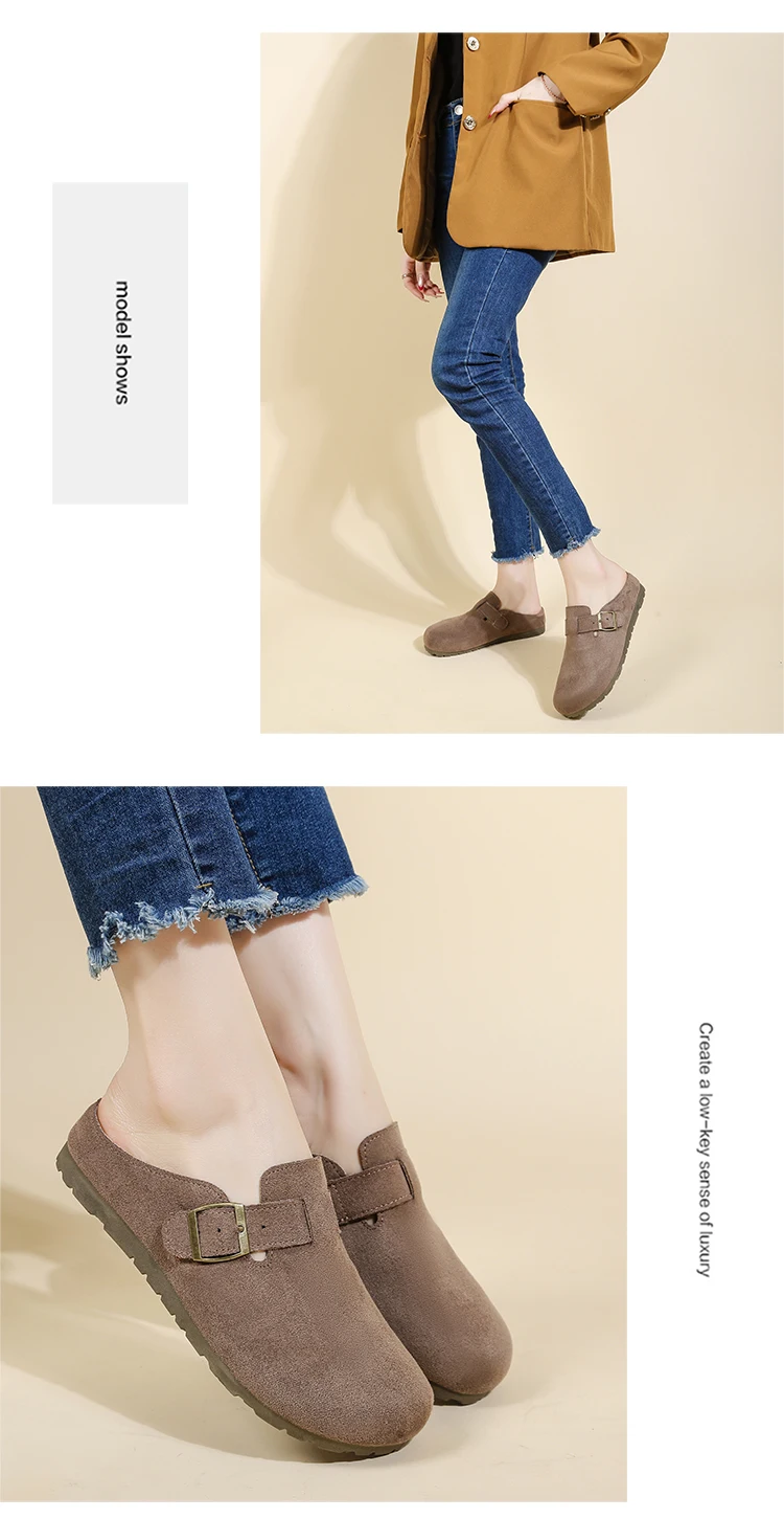 Women's Retro Suede Clogs With Buckle Slip-on Mules Flat Sandals_voghion.com