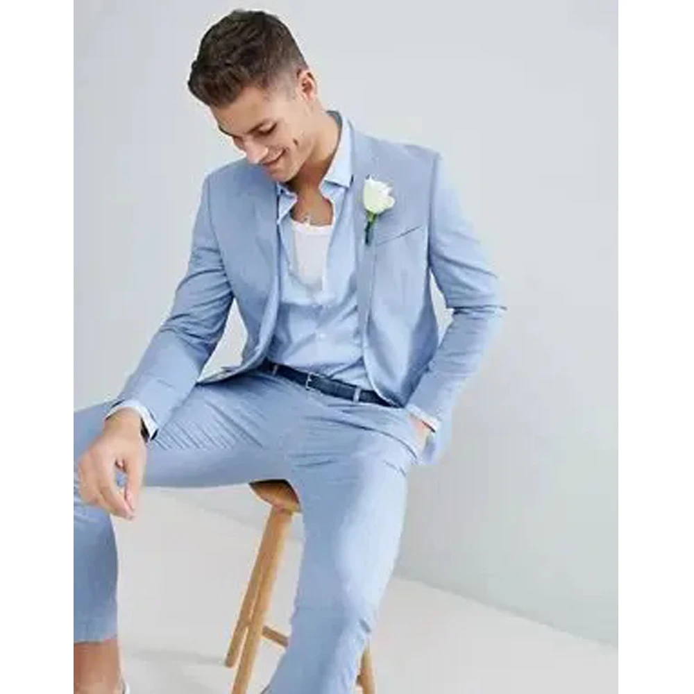 

Light Blue Suit Men Slim Fit Tuxedo Suit 2 Pieces Set Tailored Casual Beach Summer Terno Masculino Wedding Mens Suits With Pants