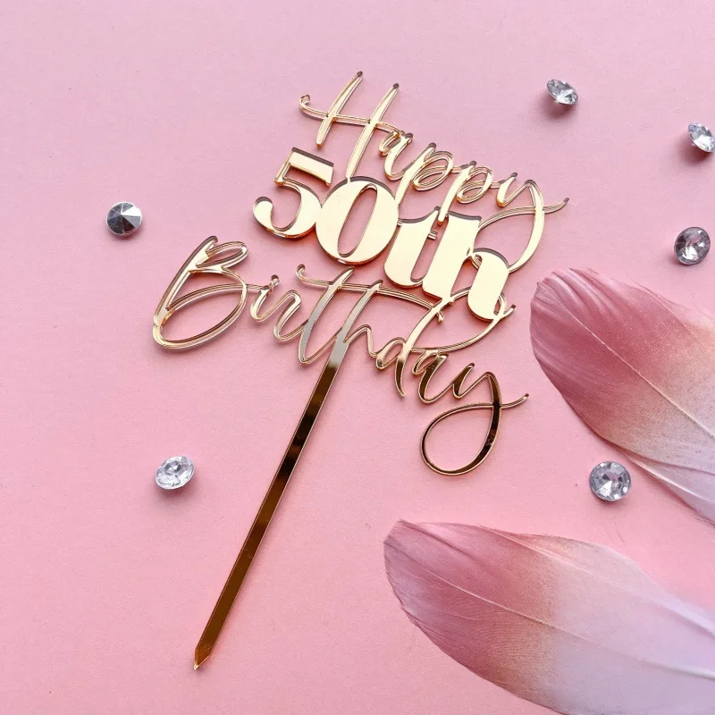 New Cake Topper 50 Golden Acrylic Happy Birthday Cake Topper for Birthday Party Cake Decoration