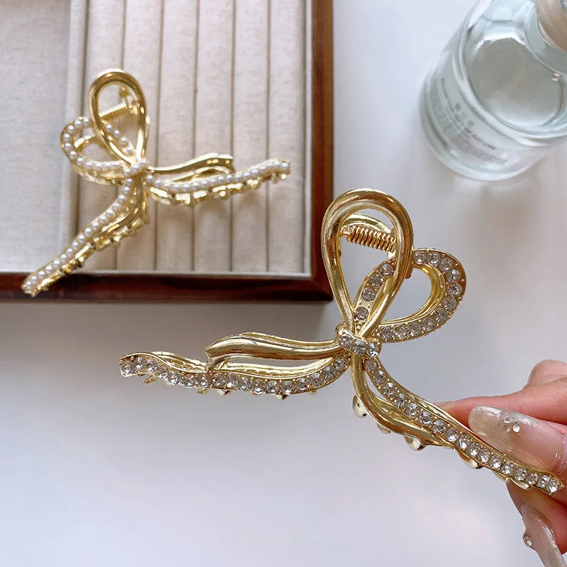 

Изысканные аксессуары для волос с кристаллами и жемчугом и бантом, элегантная металлическая заколка-краб золотого цвета, заколка для волос, заколка для волос для женщин, головной убор
