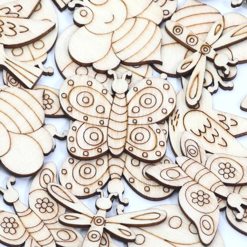 20pcs Mix Ladybug/Bee/Bird/Butterfly Wooden Slices Embellishments Wood DIY Crafts Scrapbooking For Handmade Home Decor Supplies